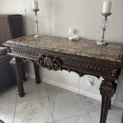 Best Master Traditional Solid Wood and Faux Marble Top Console Table Dark Chery