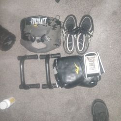 Boxing Gloves (Used) Pusg Up Hands, Boxing Shoes Size 9 Gym Chalk Headgear With Chin Protector