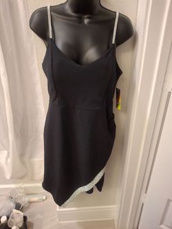 Elegant Black V-Neck Mini Dress with Glitzy Rhinestone Straps -Large