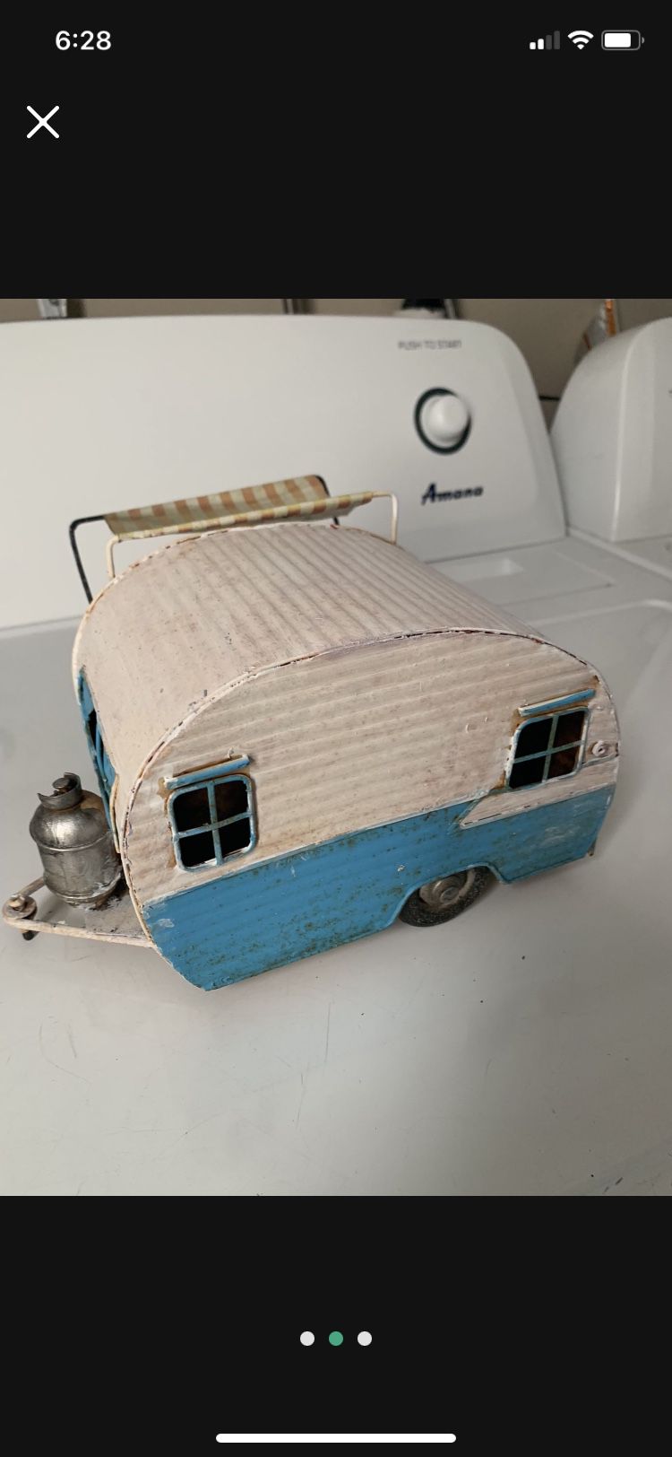 Vintage Effect Metal Tin Cream & Blue Caravan Camper Trailer Metal Garden Model With Patina