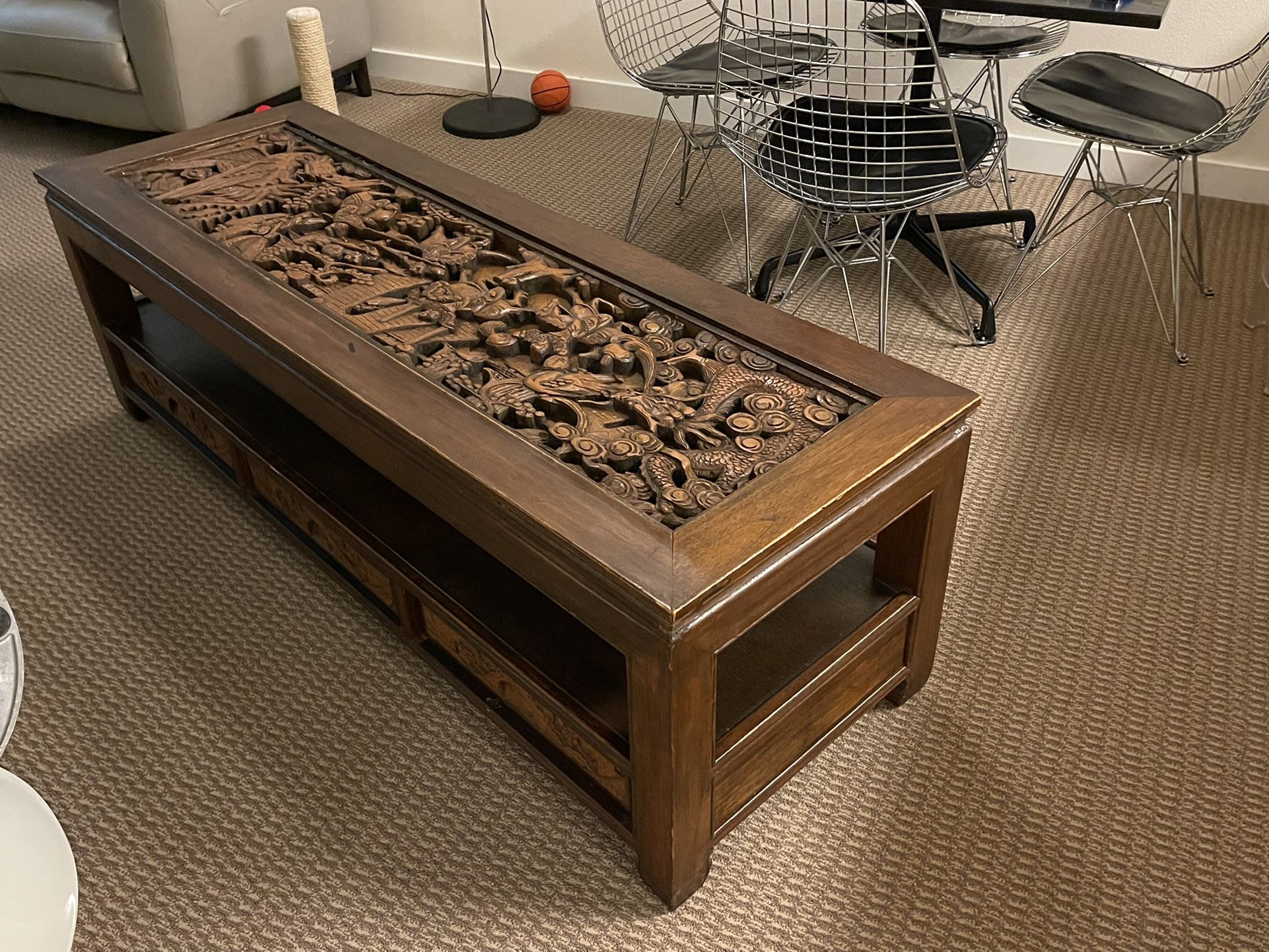 Coffee Table Hand Carved JAPAN VTG Samurai Battle Scene for Sale