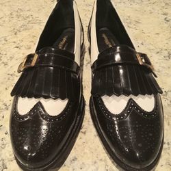 100% AUTHENTIC Men's Johnston&Murphy 2 Tone Black/White Wingtip Spectator Derby Penny Loafers Buckle Business Shoes size 9 Like New $50