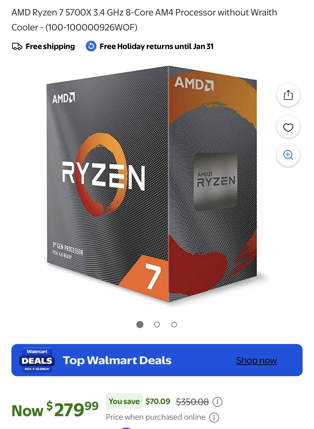 AMD Ryzen 7 5700X 3.4 GHz 8-Core AM4 Processor without Wraith Cooler - (100-100000926WOF)