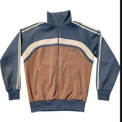 Vintage Adidas Track Jacket Unisex S Blue Brown Tan Colorblock 3 Stripe 80s 90s