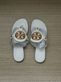 New Tory Burch Metal Miller Sandals (White/Gold)