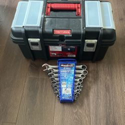Craftsman 19” wide tool box 951029 + King Craft 17 piece combination wrench set + other misc. tools