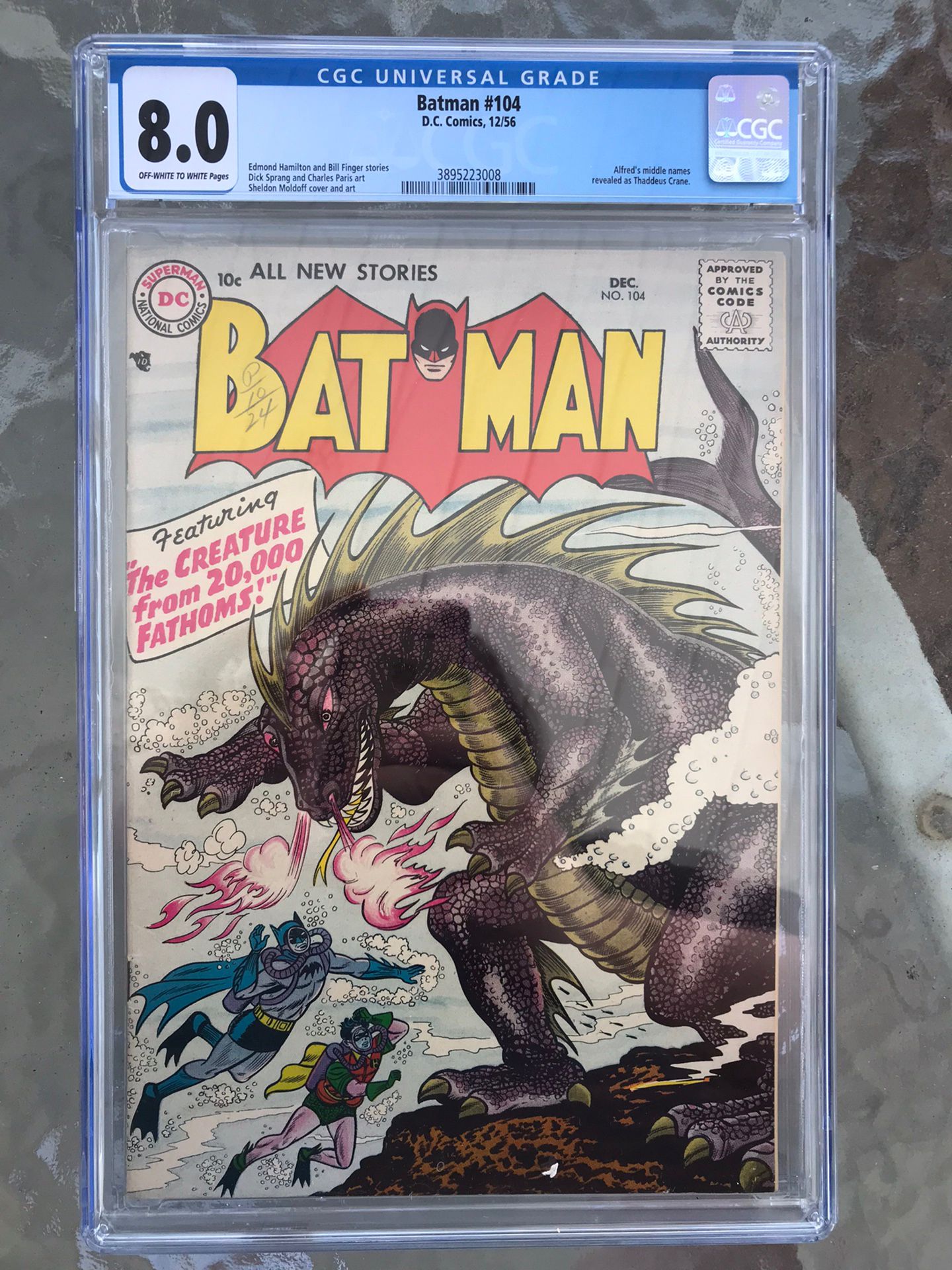 Batman #104 (1956) CGC 8.0 — O/w to white pages; Sheldon Moldoff monster cover