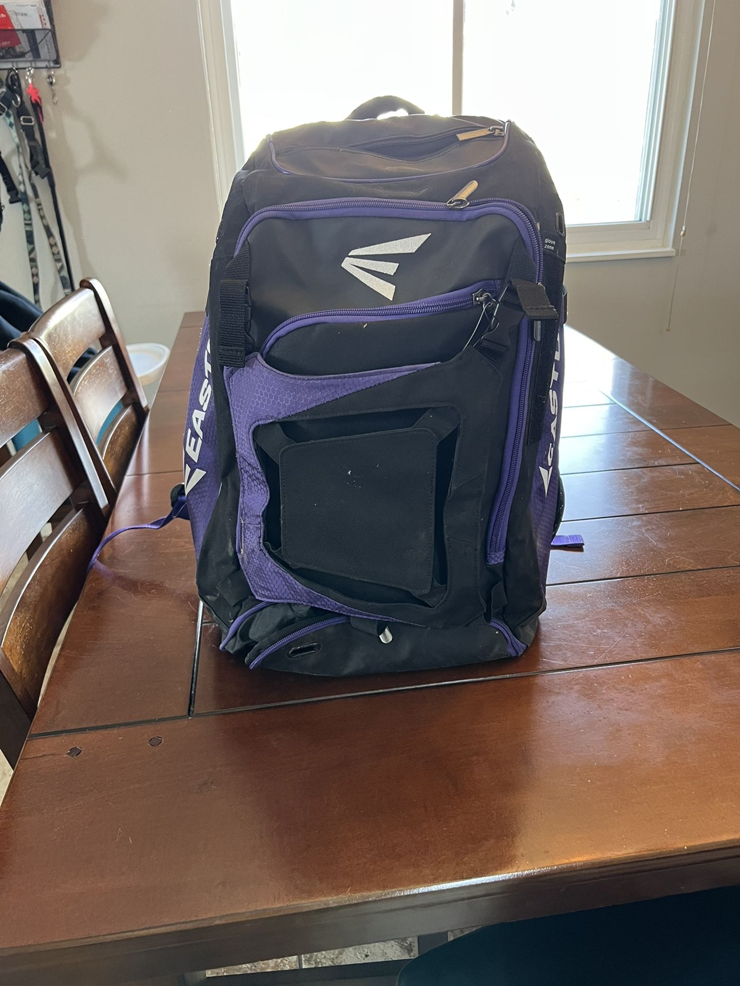 Baseball/softball bag, helmets, and glove