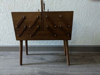 Vintage Multi Shelf Sewing Box with Sewing Supplies.