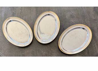 Vintage Stainless Steel Oval Serving Trays with Gold Rim – Set of 3
