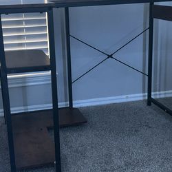 L-Shaped Desk w/ Shelves (Dark Wood & Black Frame)