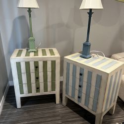 2 Nightstands - 1-Green/White & 1-Blue/White - Beach Cottage Distressed Design - Good Condition - $115 For Pair!