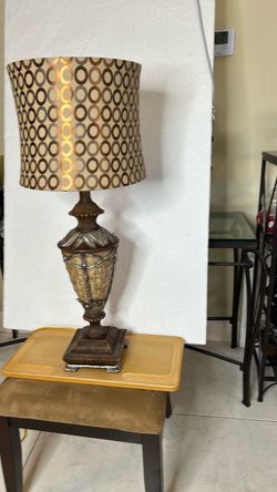 Table Lamp, ornate metal and wood base and cloth shade