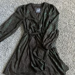 ModCloth Your Time To Shine Fringed Striped Green Metallic Faux Wrap Dress Sz S