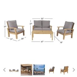 BROWN TEAK WOOD ARM CHAIR AND LOVESEAT OUTDOOR SEATING SET WITH CUSHIONS AND COFFEE TABLE, SET OF 4 52", 30", 30",47”w