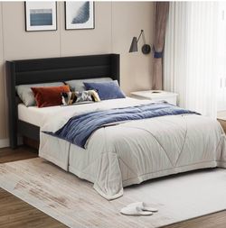 NEW Queen Upholstered Bed Frame - Wingback Headboard, Black