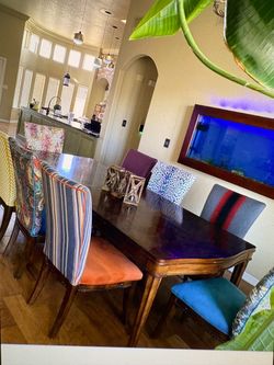 Homestead House Dining Table + 8 Designer Upholstered Chairs