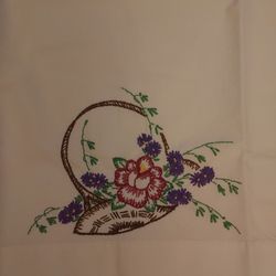 Pair of Vintage Cream Hand Embroidered Basket and Floral Pillow Cases NO Stains