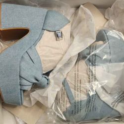 Copper Key Picnic Denim Platform Sandals Block Heels Knot Buckle