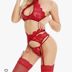 Ashinlove Lingerie Sets with Garter Belt 3 Piece Lace Teddy Babydoll Sexy Bodysuit