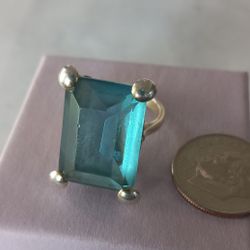 Vintage Sterling Silver 925 Large Blue Topaz Color Stone Emerald Cut Cocktail Ring Size 7.5 Read Description Dime For Size Comparison