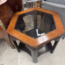 Chinese Style Hexagonal Mahogany, Walnut and Cane Top End Stand, Circa 1920 - Excellent Condition- Retail: $695
