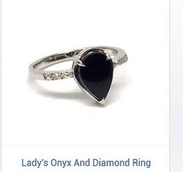 Onyx And Diamond Ring 14K White Gold Size 6 (New)