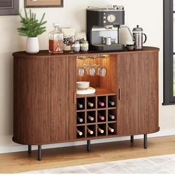 55" Wine Bar Cabinet with LED Light,Modern Liquor Whiskey Coffee Station with Wine Rack and Glass Holder, Farmhouse Buffet Sideboard with Storage for 