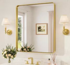 TETOTE 30 in. W x 36 in. H Rectangular Aluminum Framed Wall Bathroom Vanity Mirror Over Sink in Brushed Gold Bathroom Mirror. New