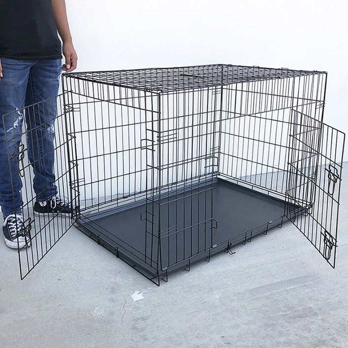 (NEW) $55 Folding 42” Dog Cage 2-Door Pet Crate Kennel w/ Tray 42”x27”x30”