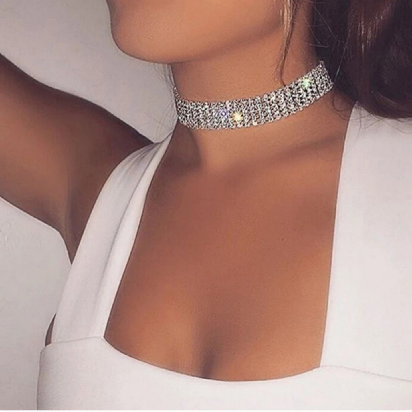 Sparkling Silver Color Crystal Collar Chain Choker
