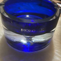 vintage cobalt blue and clear glass ashtray manufactured by Krosno Glassworks in Poland. 