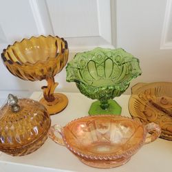 Vintage Collectibles Green Amber Glassware Dishes Bowls Vases Carnival Glass 