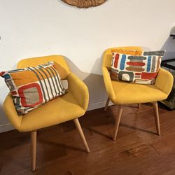 Yellow Mid-Century Modern Upholstered Accent Chairs Set of 2, Wood Frame