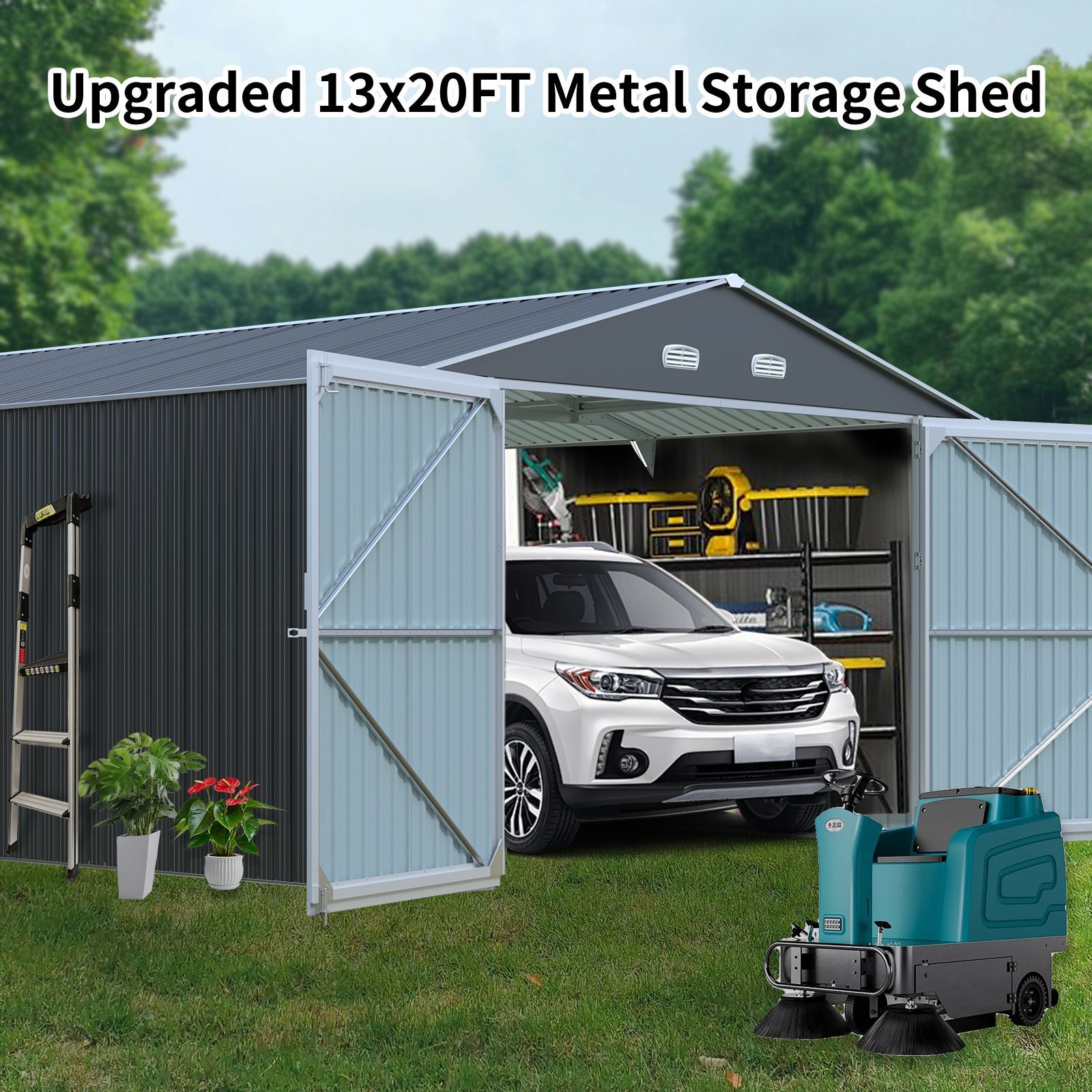 13x20FT Outdoor Storage Shed, Large Metal Garage Shed for Car, Truck, Bike, Lawnmower, Backyard Tool