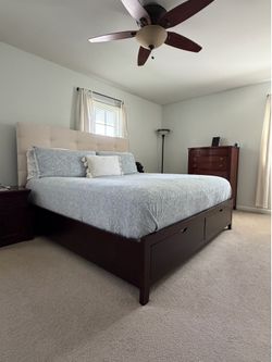 King size platform bed with under bed, storage and padded headboard