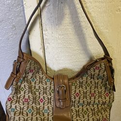 VINTAGE FOSSIL SIGNATURE MONOGRAM TAN CANVAS / LEATHER HOBO BAG ZB 4055