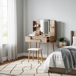 Umea 30" Fluted Makeup Vanity Desk Set with LED Lighted Mirror Ample Storage