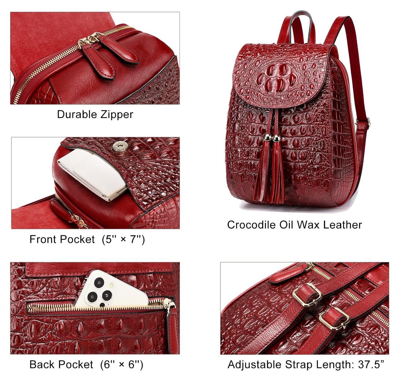 COOLCY Women Small Genuine Leather Backpack Purse Crocodile Designer Bag (Wine Red)