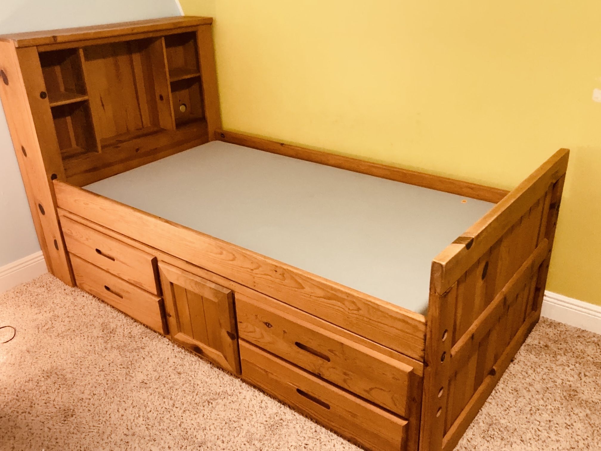 Twin Captain Bed With Drawers, Bookcase, And Storage Honey Oak for Sale