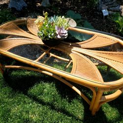 Vintage Bamboo Rattan Palm Leaf Coffee Table 