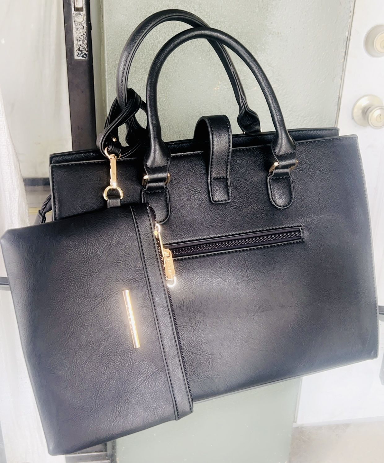 Black Flap-Over Belt Shoulder Bag - Top Handle Tote Satchel with Wristlet