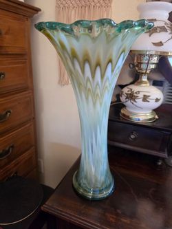 Vintage MCM Art Glass Trumpet Vase Green White Swirl