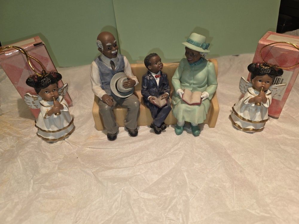 African American Church Pew Figurines and 2 Angel Ornaments
