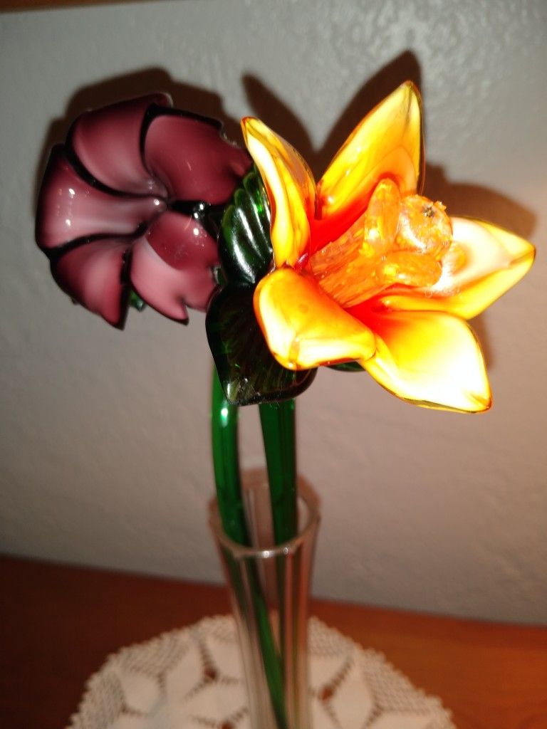 2 Tall Glass Stem Flowers+ Crystal Bud Vase