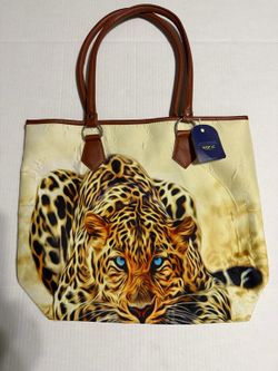 Passage Leopard Canvas Tote Bag Blue Eyes Animal Print Shoulder Purse NWT