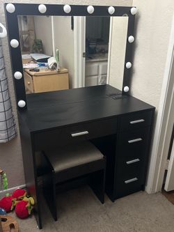 Black Vanity Makeup Desk w/ Lights & Stool