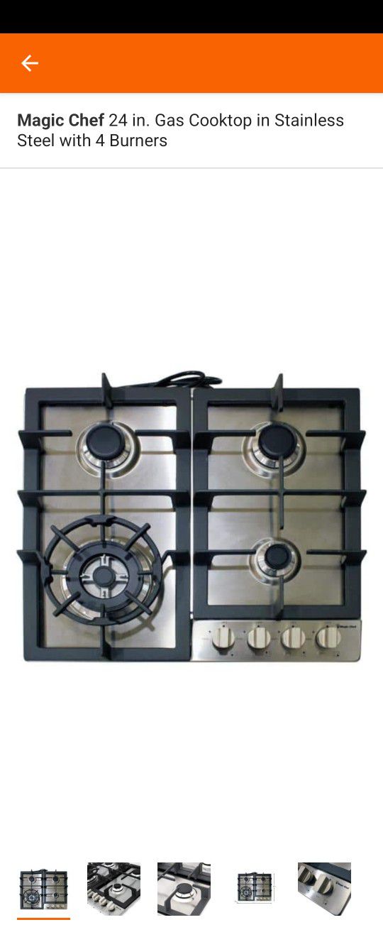 Magic Chef 24" Gas Cookto. Stainless Steel, 4 Burners