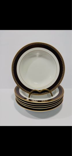 Ralph Lauren Hastings Chocolate Brown & Gold Porcelain Rim Soup Bowl 8.5” .Ralph Lauren porcelain dinner plates with a deep brown rim. Gold geometric 