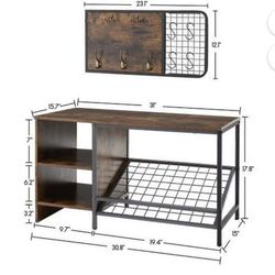 Modern Entryway Hall Shoe Bench with Coat Rack, Entryway Shoe Rack Organizer with Coat Hooks, Storage Shelves and Bench, Wood Accent Furniture with Me